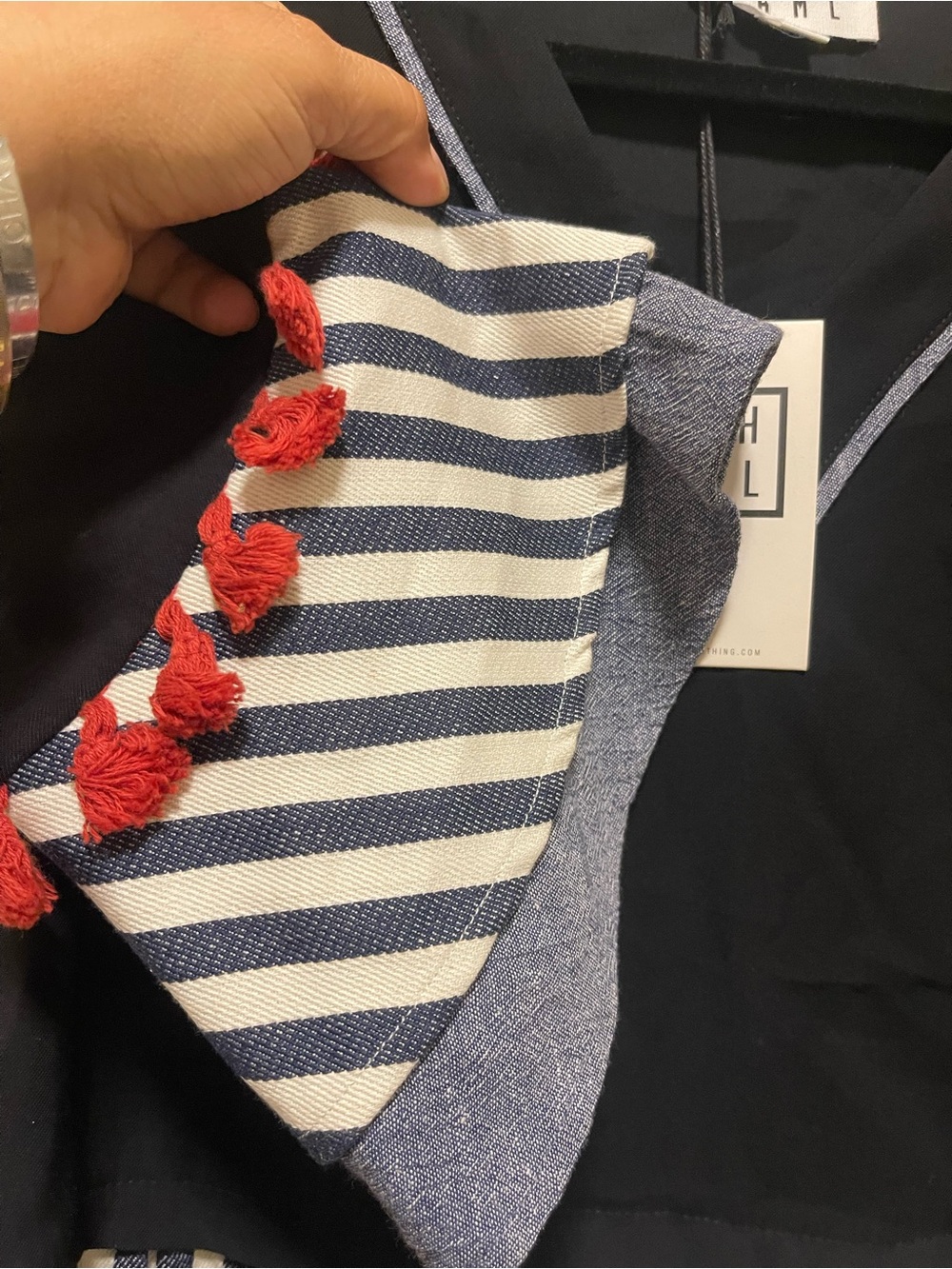 THML Navy V-Neck Peplum Blouse with Striped Ruffle and Red Tassels - Picture 4 of 6